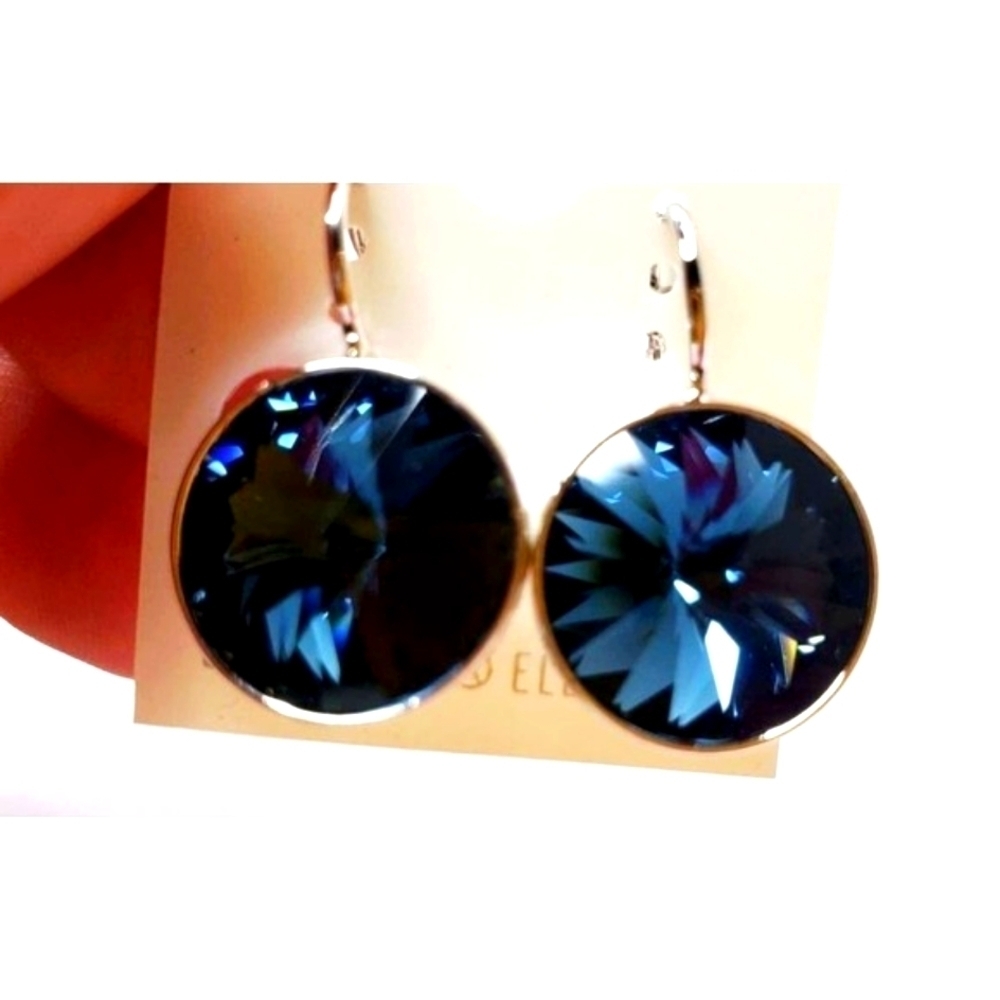 NEW! Swarovski‎ Element Navy L Earrings. Minimalist. Wedding.  Round. Leverback
